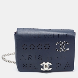 Pre Owned Chanel Dark Blue Perforated Leather CC Eyelet Flap Belt Bag