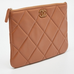 Pre Owned Chanel Beige Quilted Leather Large 19 Pouch