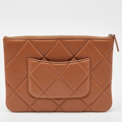Pre Owned Chanel Beige Quilted Leather Large 19 Pouch