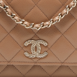مملوكة مسبقًا Chanel Beige Quilted Caviar Leather Chain CC Wallet on Chain