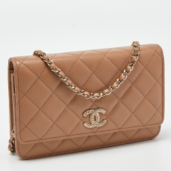 مملوكة مسبقًا Chanel Beige Quilted Caviar Leather Chain CC Wallet on Chain