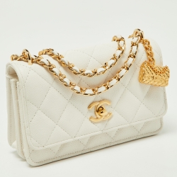 Chanel White Quilted Caviar Leather CC Charm Wallet on Chain