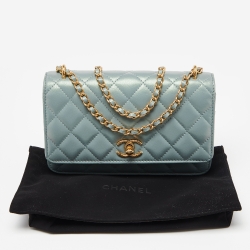 Chanel Pearl Light Green Quilted Leather Wallet on Chain 