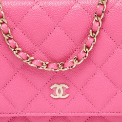 Chanel Pink Quilted Caviar Leather CC Classic Flap Wallet on Chain