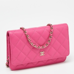 Chanel Pink Quilted Caviar Leather CC Classic Flap Wallet on Chain