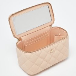 Pre Owned Chanel Beige Quilted Caviar Leather Vanity Case Chain Bag