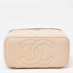 Pre Owned Chanel Beige Quilted Caviar Leather Vanity Case Chain Bag