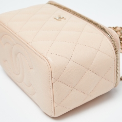 Pre Owned Chanel Beige Quilted Caviar Leather Vanity Case Chain Bag