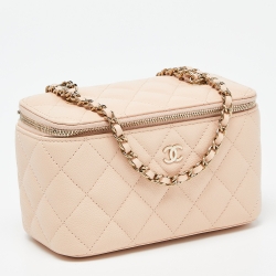 Pre Owned Chanel Beige Quilted Caviar Leather Vanity Case Chain Bag