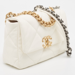 Pre Owned Chanel White Quilted Leather Small 19 Flap Bag