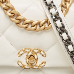 Pre Owned Chanel White Quilted Leather Small 19 Flap Bag