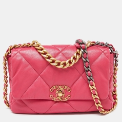 Pre Owned Chanel Pink Quilted Leather Medium 19 Flap Top Handle Bag