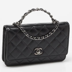 Pre Owned Chanel Black Lambskin Leather Chain Top Handle Bag
