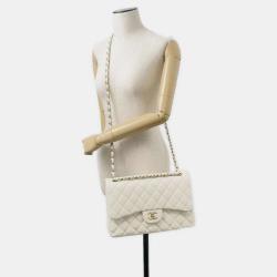 Pre Owned Chanel White Leather Medium Classic Double Flap Bag
