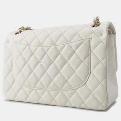 Pre Owned Chanel White Leather Medium Classic Double Flap Bag
