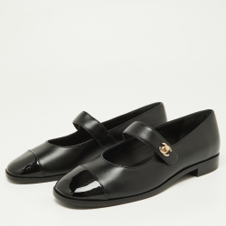 Pre Owned Chanel Black Leather Interlocking CC Mary Jane Flats Size 39