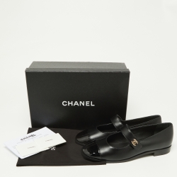 Pre Owned Chanel Black Leather Interlocking CC Mary Jane Flats Size 39