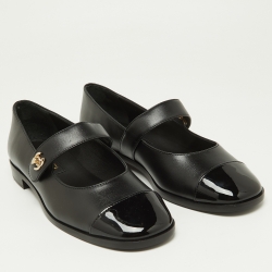 Pre Owned Chanel Black Leather Interlocking CC Mary Jane Flats Size 39