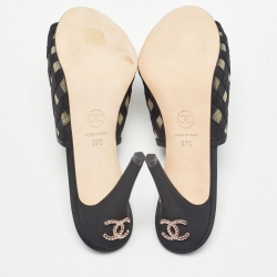 Chanel Black Mesh and Grosgrain CC Mules Size 37