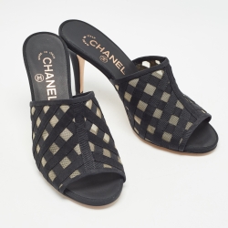 Chanel Black Mesh and Grosgrain CC Mules Size 37