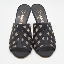 Chanel Black Mesh and Grosgrain CC Mules Size 37