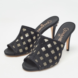 Chanel Black Mesh and Grosgrain CC Mules Size 37