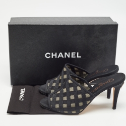 Chanel Black Mesh and Grosgrain CC Mules Size 37