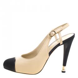 Chanel Two Tone Leather Cap Toe Slingback Sandals Size 41