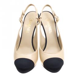 Chanel Two Tone Leather Cap Toe Slingback Sandals Size 41