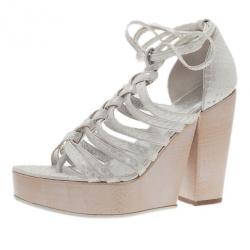 Pre Owned Chanel Cream Python Wooden Strappy Platform Wedge Sandals Size 37