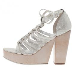 Pre Owned Chanel Cream Python Wooden Strappy Platform Wedge Sandals Size 37