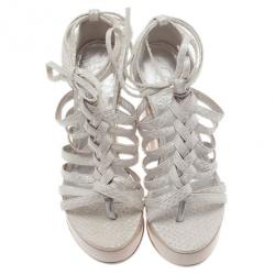 Pre Owned Chanel Cream Python Wooden Strappy Platform Wedge Sandals Size 37