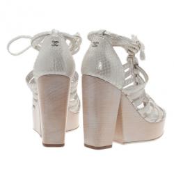 Pre Owned Chanel Cream Python Wooden Strappy Platform Wedge Sandals Size 37