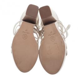 Chanel Cream Python Wooden Strappy Platform Wedge Sandals Size 37
