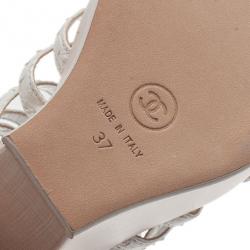 Pre Owned Chanel Cream Python Wooden Strappy Platform Wedge Sandals Size 37
