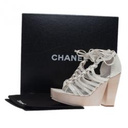 Pre Owned Chanel Cream Python Wooden Strappy Platform Wedge Sandals Size 37