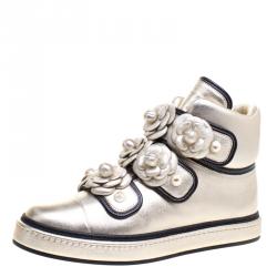 Pre Owned Chanel Gold Metallic Leather Camellia Flowers Embellished High Top Sneakers Size 39.5