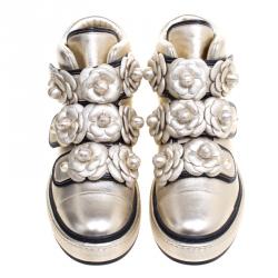 Pre Owned Chanel Gold Metallic Leather Camellia Flowers Embellished High Top Sneakers Size 39.5