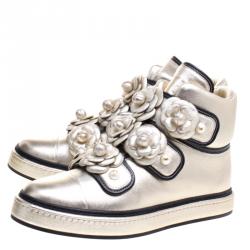 Pre Owned Chanel Gold Metallic Leather Camellia Flowers Embellished High Top Sneakers Size 39.5