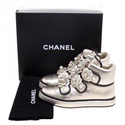 Pre Owned Chanel Gold Metallic Leather Camellia Flowers Embellished High Top Sneakers Size 39.5