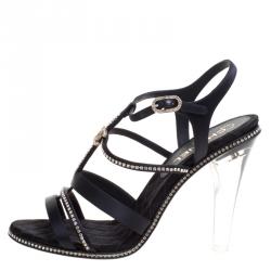 مملوكة مسبقًا Chanel Black CC Crystal Embellished Satin Lucite Heel Strappy Sandals Size 41 
