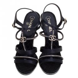 مملوكة مسبقًا Chanel Black CC Crystal Embellished Satin Lucite Heel Strappy Sandals Size 41 