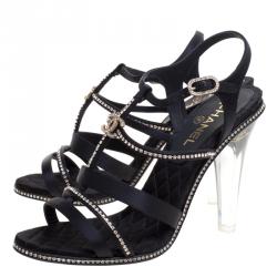 مملوكة مسبقًا Chanel Black CC Crystal Embellished Satin Lucite Heel Strappy Sandals Size 41 