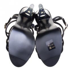 مملوكة مسبقًا Chanel Black CC Crystal Embellished Satin Lucite Heel Strappy Sandals Size 41 