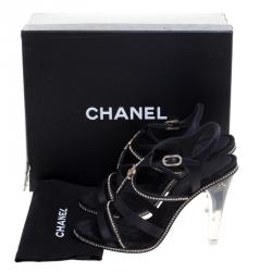 مملوكة مسبقًا Chanel Black CC Crystal Embellished Satin Lucite Heel Strappy Sandals Size 41 