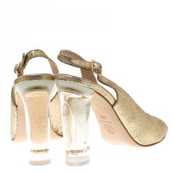 Pre Owned Chanel Gold Crackled Leather Glitter CC Lucite Heel Peep Toe Slingback Sandals Size 38
