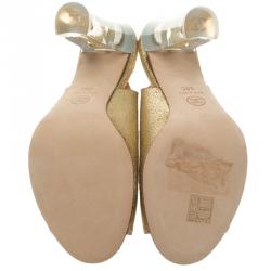 Pre Owned Chanel Gold Crackled Leather Glitter CC Lucite Heel Peep Toe Slingback Sandals Size 38