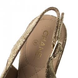 Pre Owned Chanel Gold Crackled Leather Glitter CC Lucite Heel Peep Toe Slingback Sandals Size 38