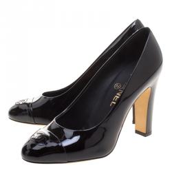 Pre Owned Chanel Black Patent CC Cap Toe Pumps Size 37.5