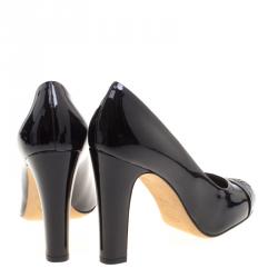 Pre Owned Chanel Black Patent CC Cap Toe Pumps Size 37.5